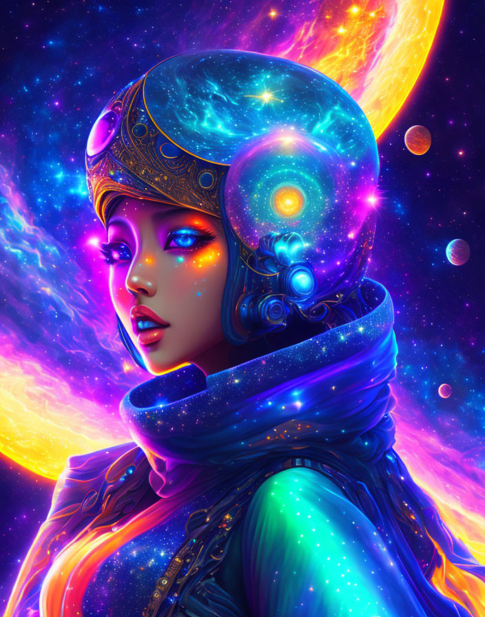 Colorful digital artwork: Woman in astronaut attire with cosmic helmet, surrounded by stars.