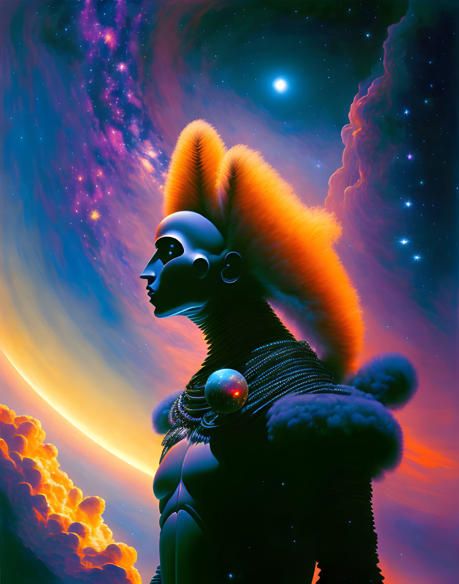 Colorful digital artwork: Figure with orange mohawk gazes at cosmic backdrop