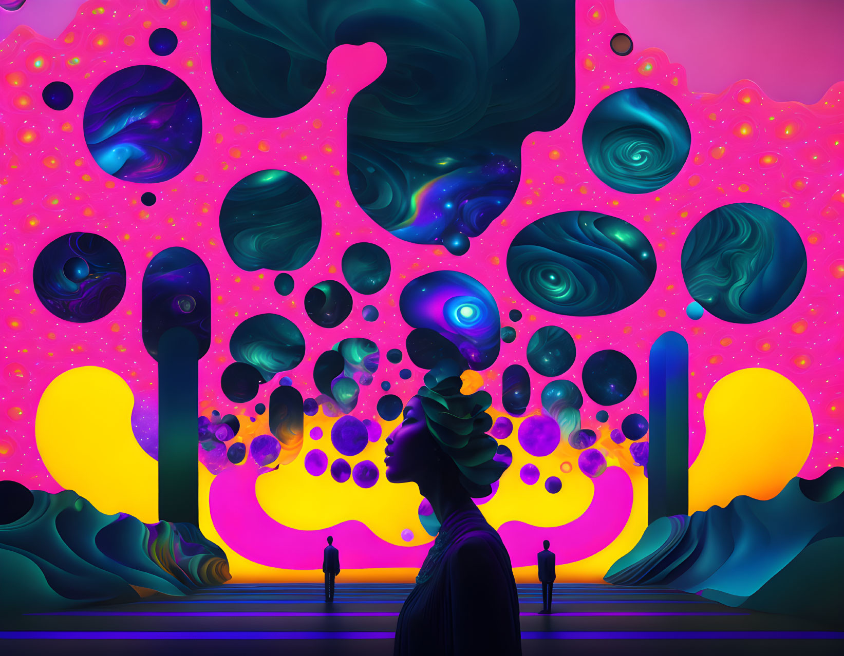 Colorful surreal artwork: Figure admiring celestial orbs in vibrant, psychedelic setting