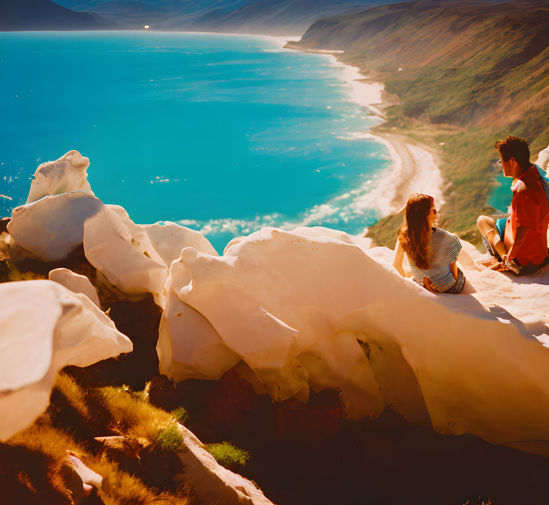 Couple admiring coastal view from hilltop