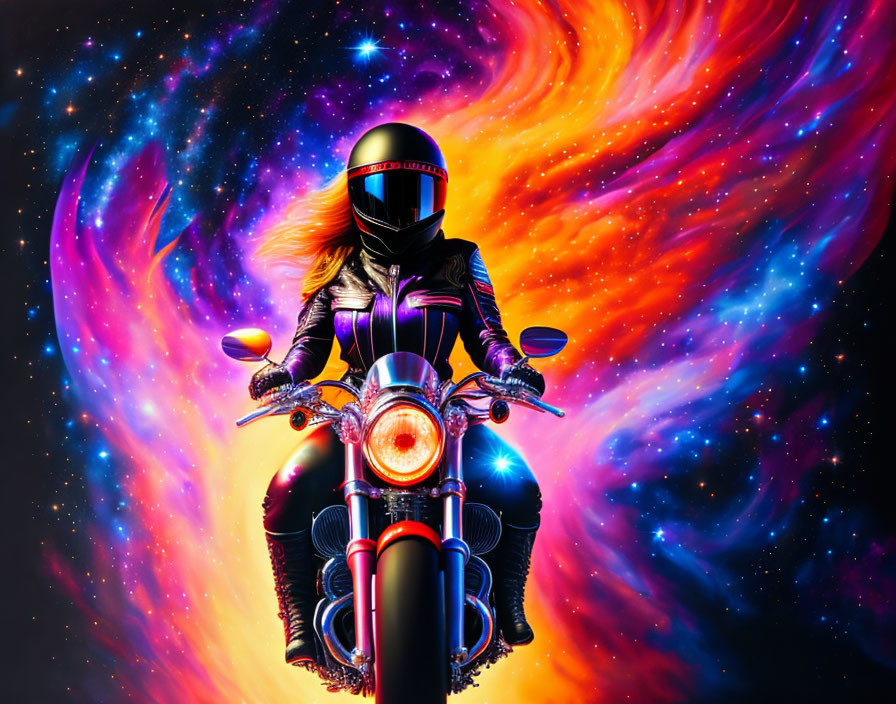 Astronaut on Motorcycle with Reflective Helmet in Cosmic Nebula Scene