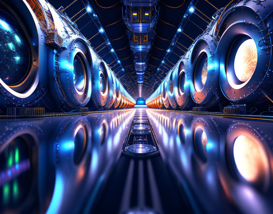 Futuristic tunnel with glowing blue lights and planetary portals