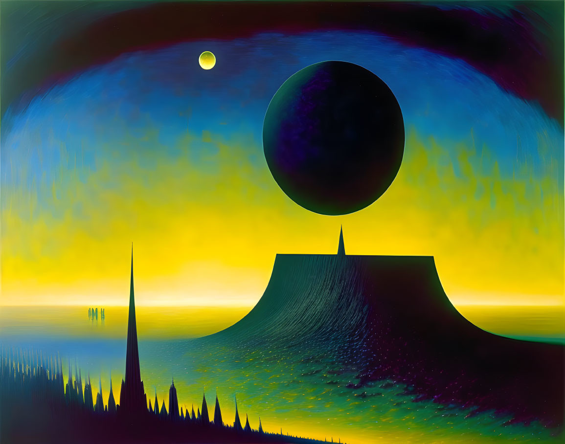 Surrealist painting: Dark sphere over volcanic landform, vibrant sky