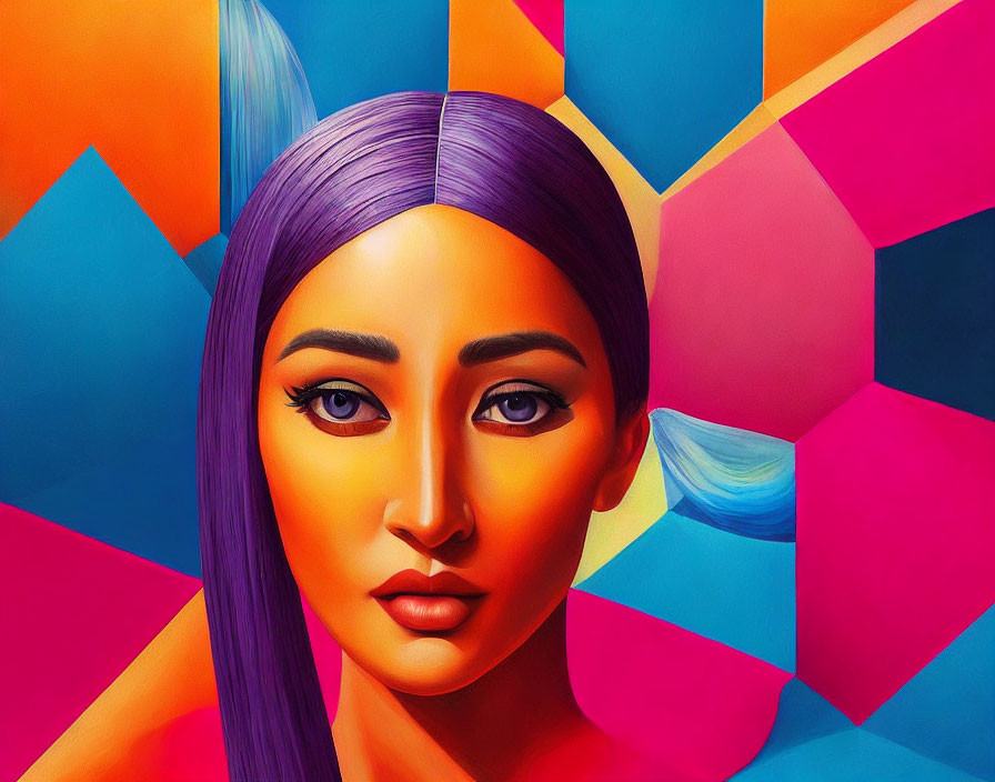 Vibrant digital portrait of woman with purple hair on abstract geometric background