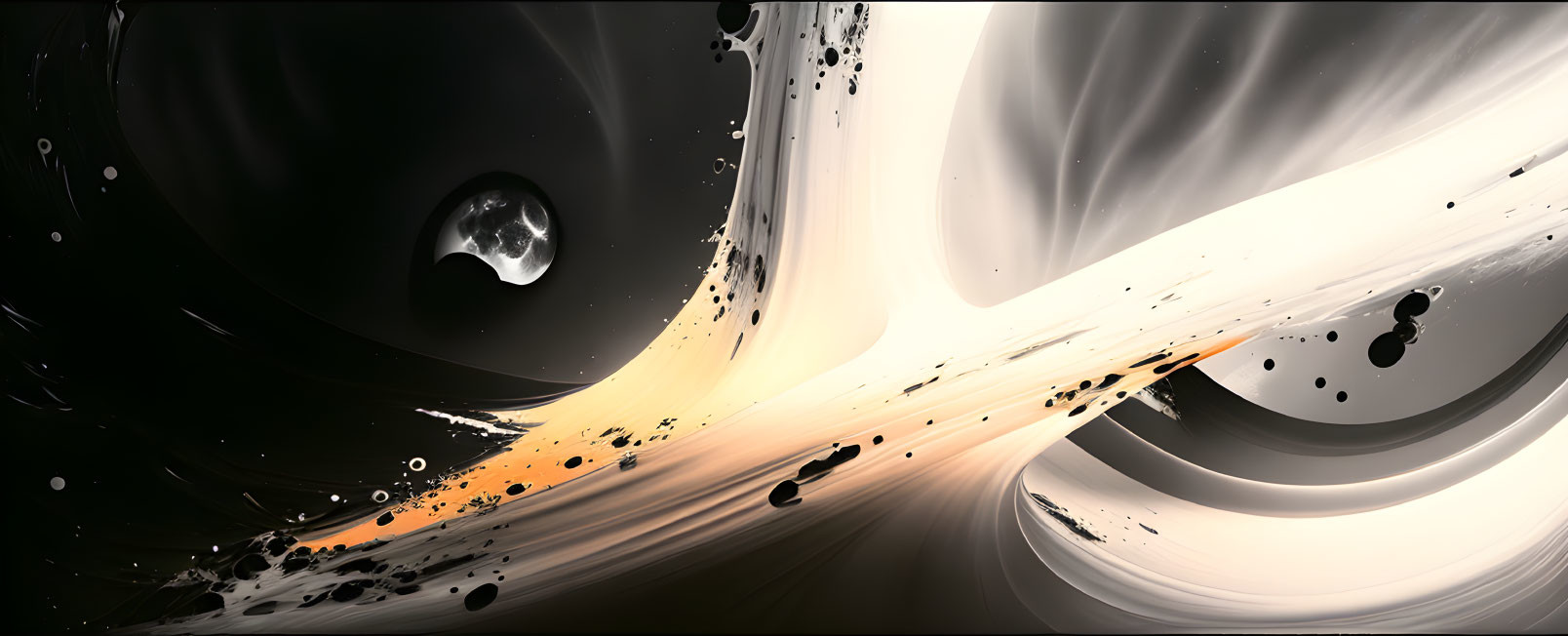 Swirling Black, White, and Orange Cosmic Artwork with Celestial Bodies