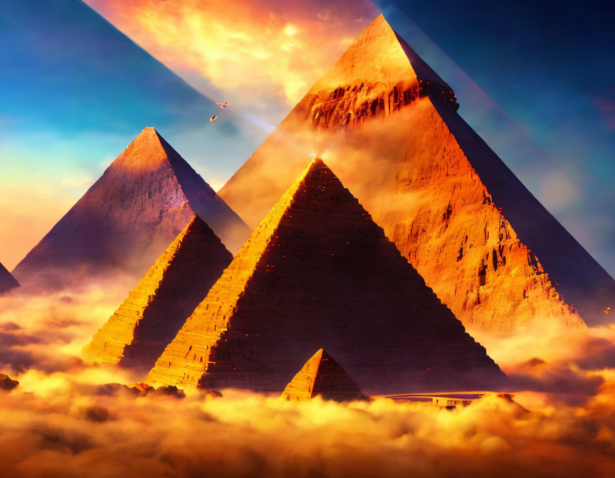 Surreal pyramids in warm light with paper airplane in colorful sky