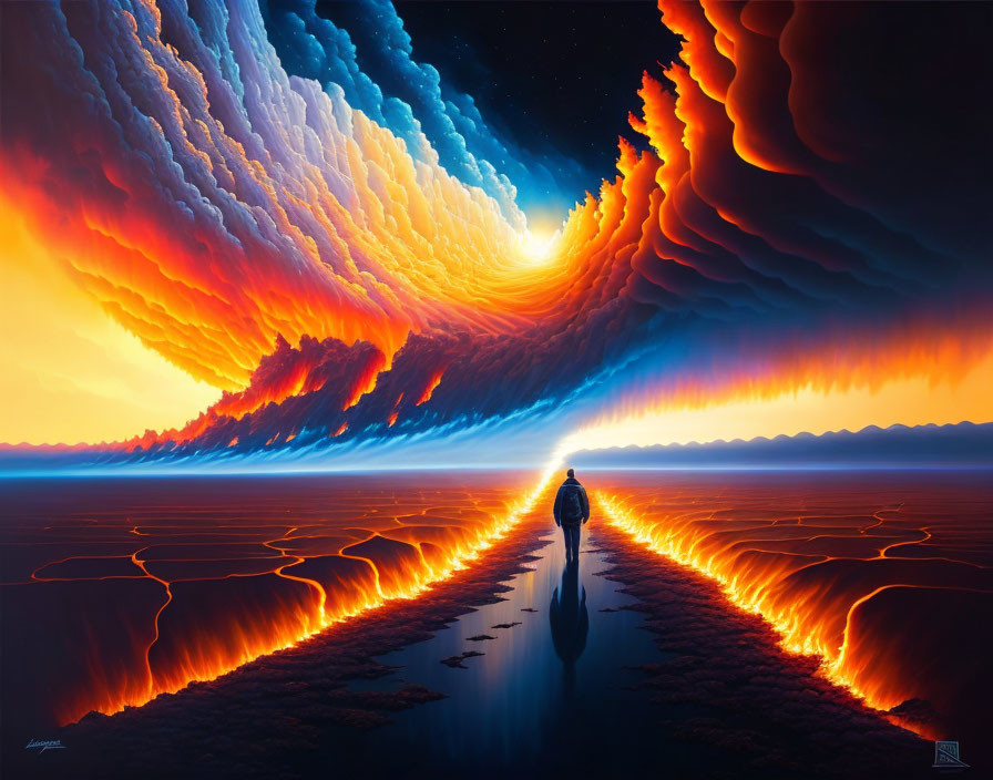 Fiery Path with Person Standing in Vibrant Orange Clouds