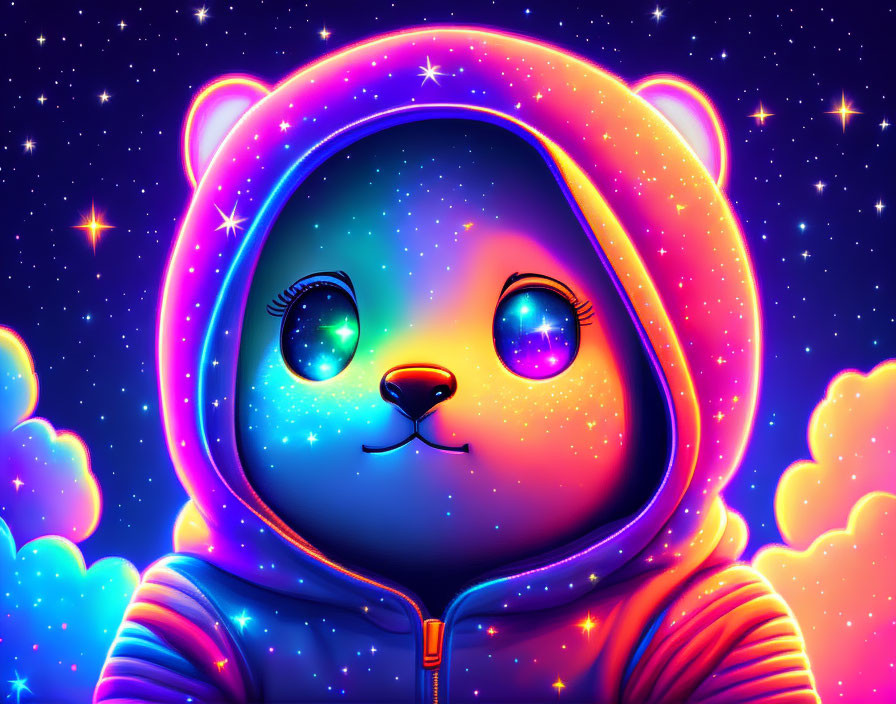 Cartoon bear in hoodie under neon-lit sky