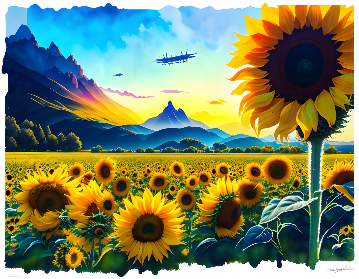 Sunflower field with mountains, sunset sky, and airplanes