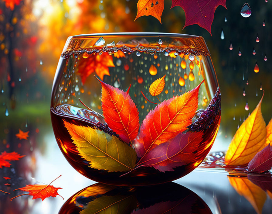 Colorful autumn leaves in glass bowl with raindrops reflection