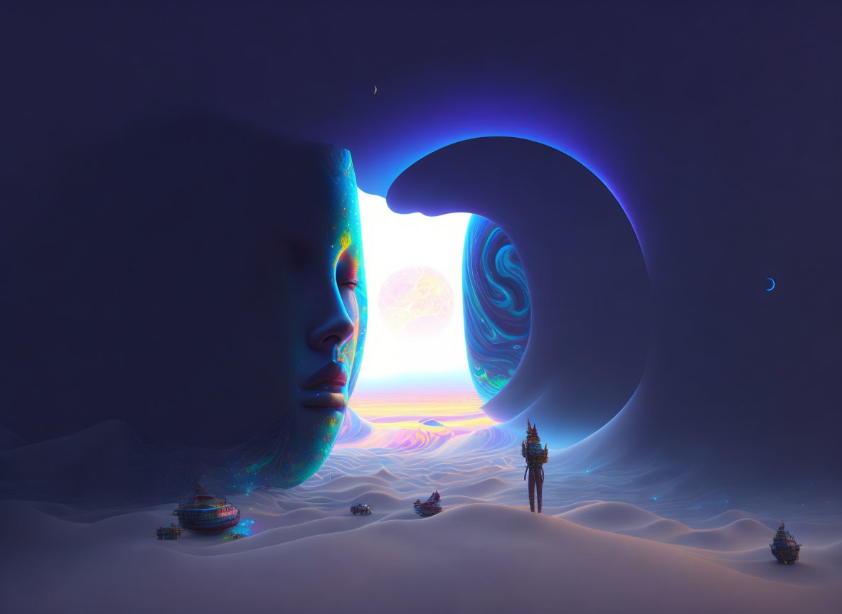 Surreal landscape featuring giant face, moon, figure on dunes, twilight sky, planets,