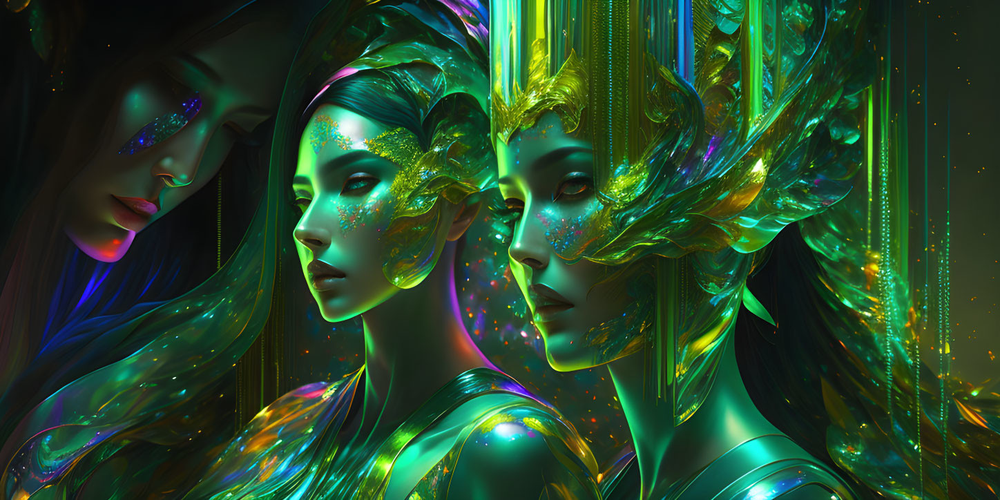 Vibrant futuristic artwork of stylized women with colorful skin and ornate headpieces