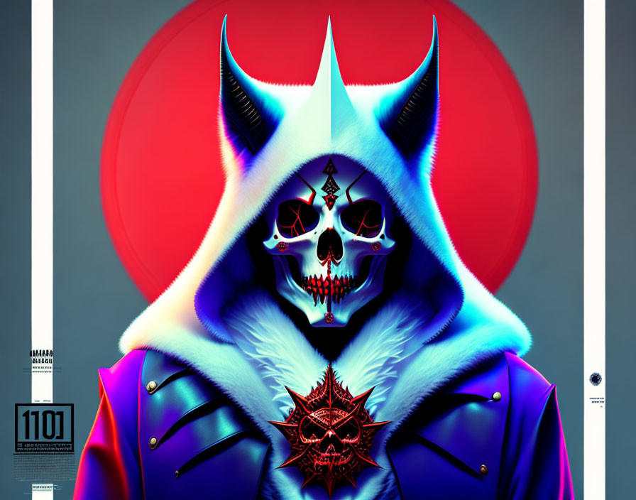 Stylized skull graphic with neon colors and wolf-like ears on red backdrop