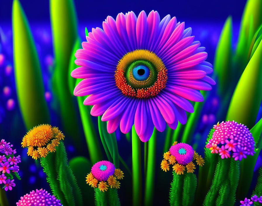 Colorful digital artwork of a large flower with eye-like center amidst diverse flowers and greenery on blue