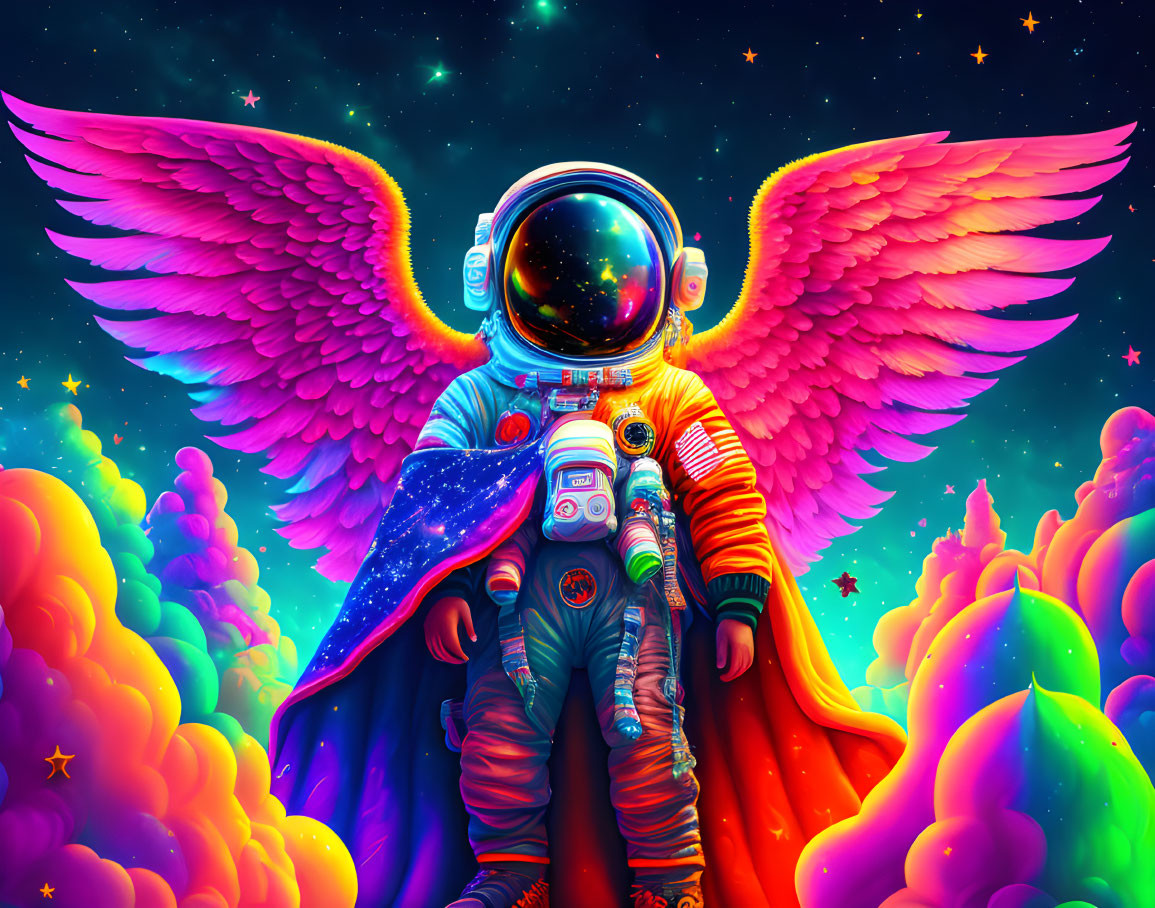 Colorful Winged Astronaut on Vibrant Clouds in Starry Space