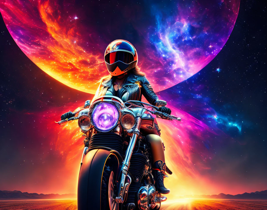 Motorcyclist in helmet and leather jacket rides against cosmic backdrop