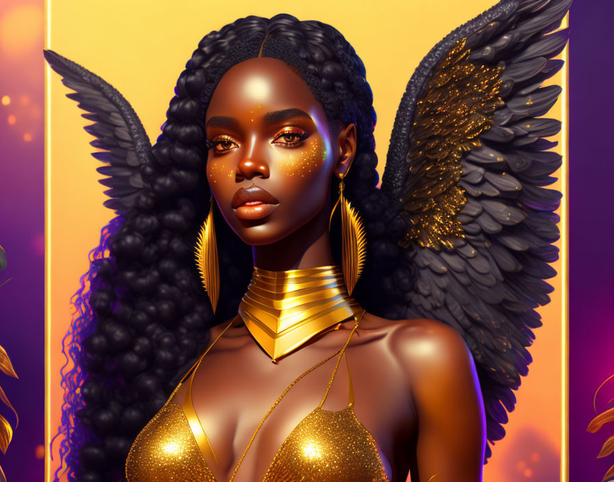 Dark-skinned woman with curly hair, golden jewelry, and black angel wings on golden backdrop