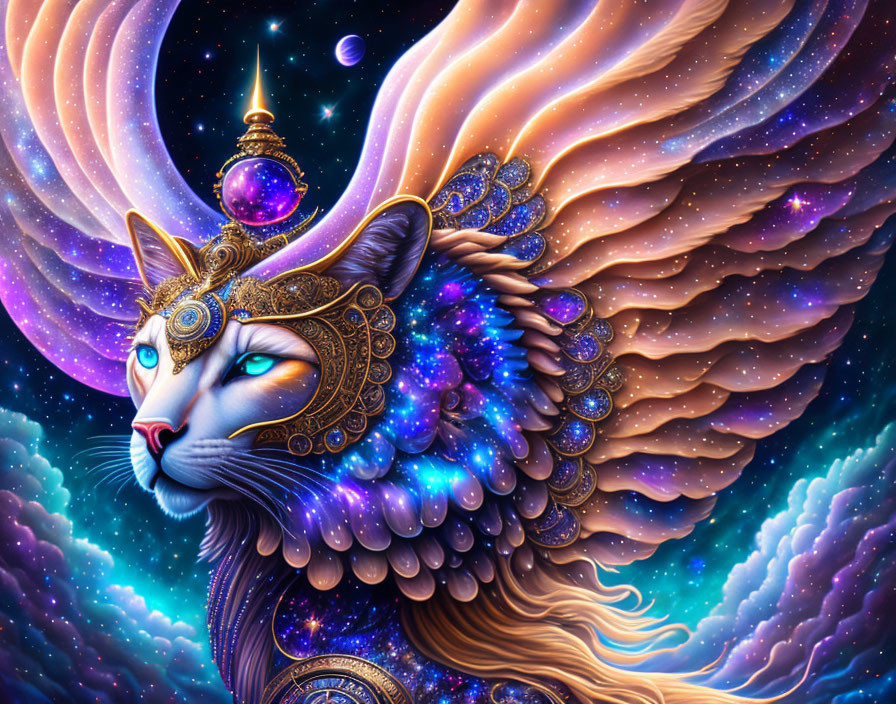 Blue-eyed cosmic cat with ornate headdress in starry sky landscape