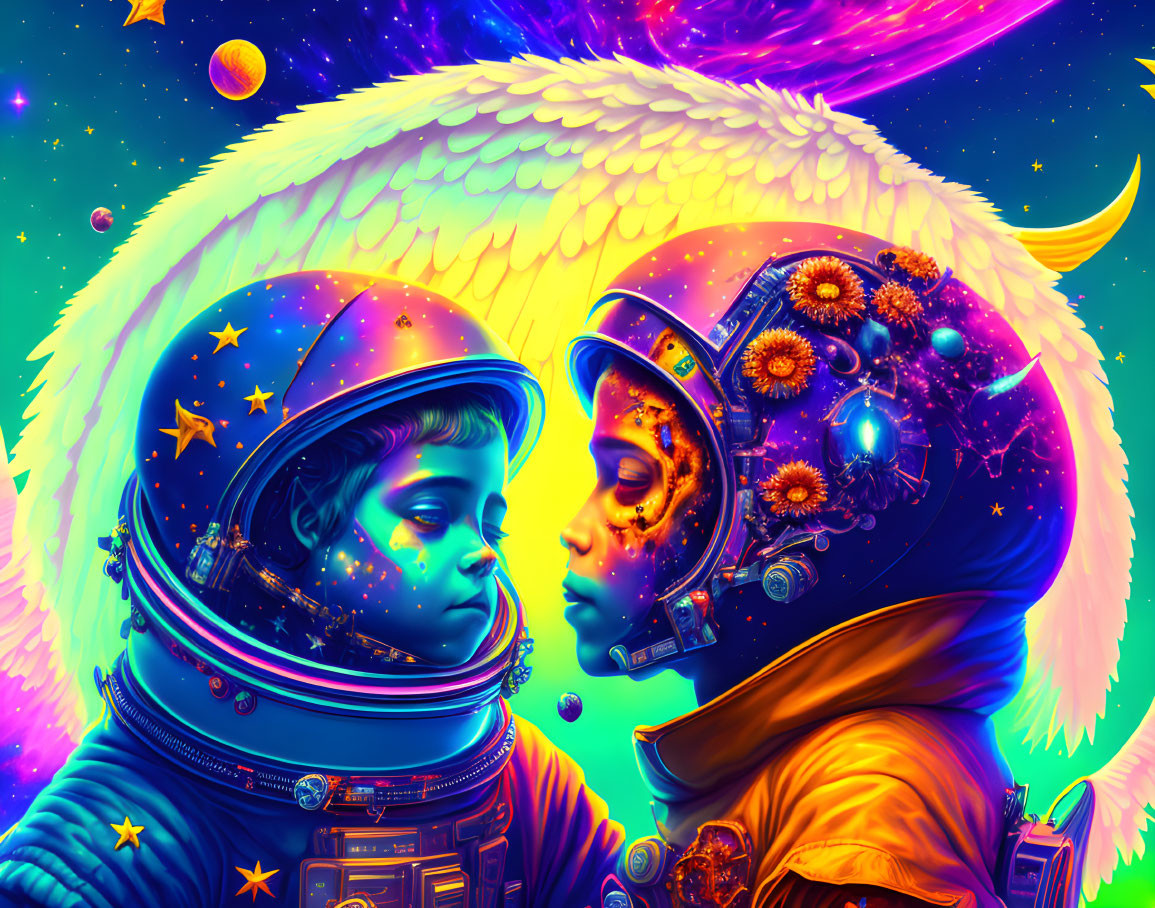 Astronauts with cosmic-themed helmets in vibrant outer space setting