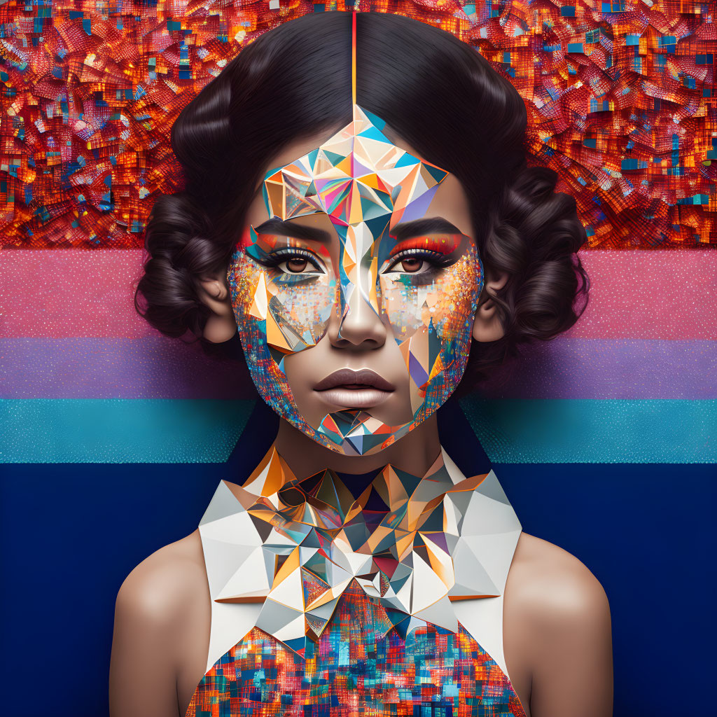 Symmetrical geometric design on woman's face in digital artwork