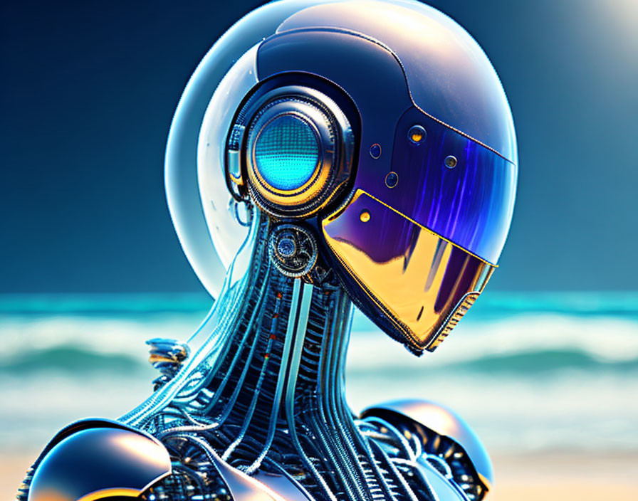 Futuristic humanoid robot with glossy head near ocean shore