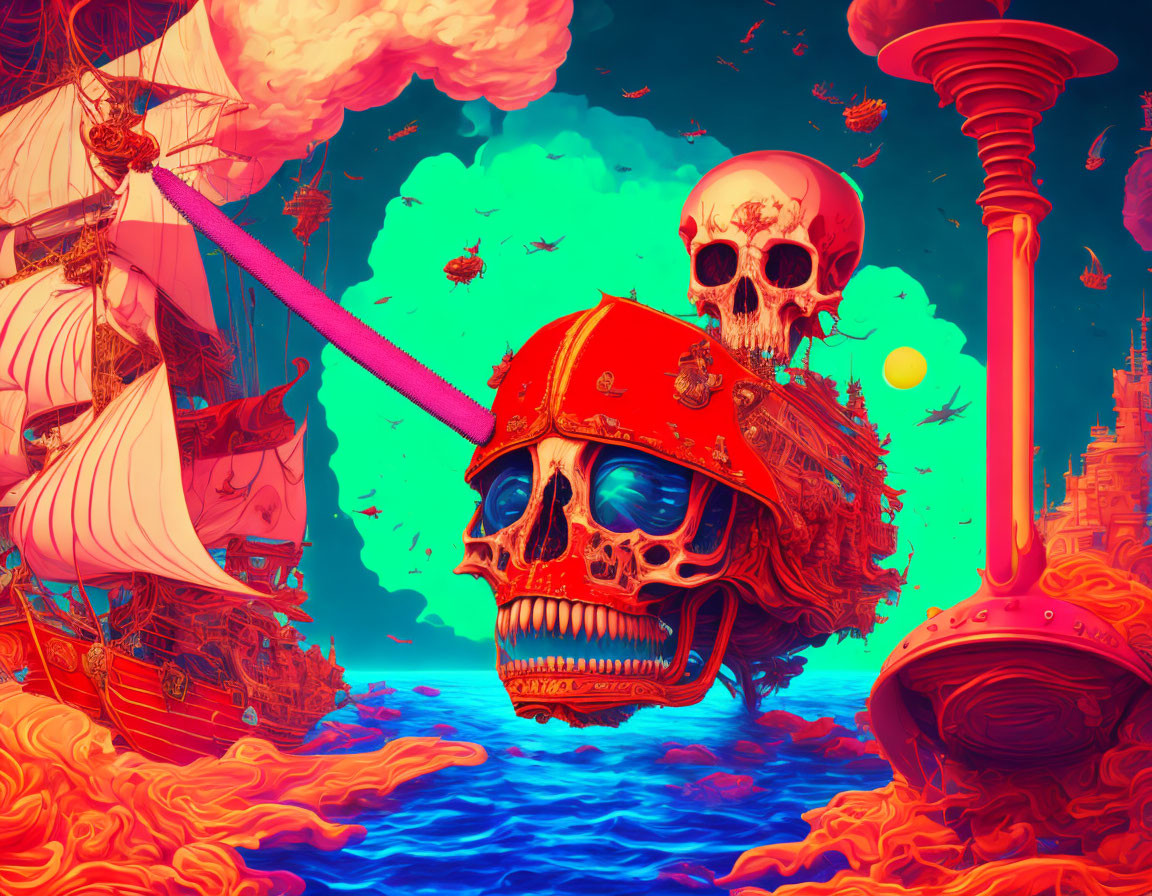 Colorful surreal seascape with giant skull, red hat, pink laser, ships, clouds, and