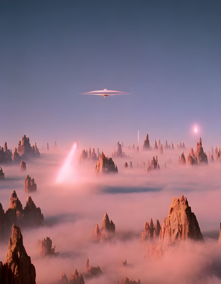 Surreal landscape with rocky spires, mist, pink sky, UFO, and beam.