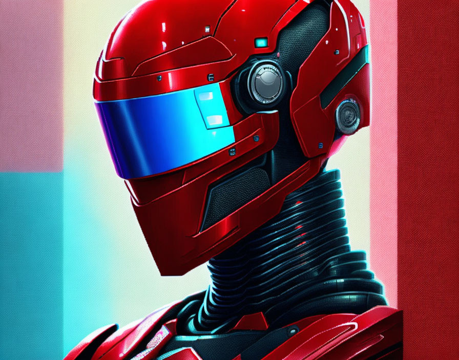 Red and Silver Futuristic Helmet with Blue Visor on Dual-Tone Background