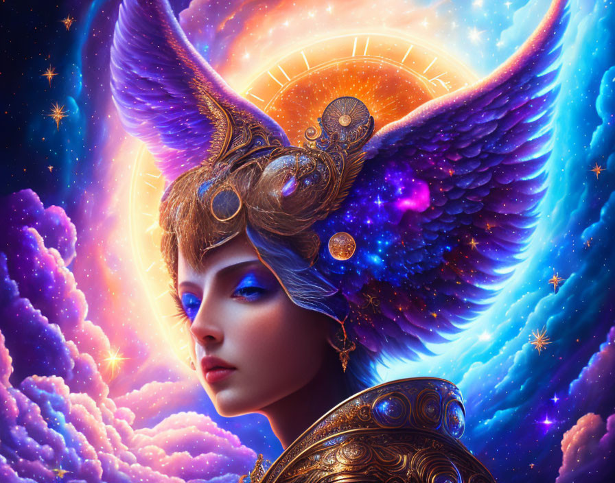 Fantastical portrait of a woman with ornate wings and celestial headdress against cosmic backdrop.