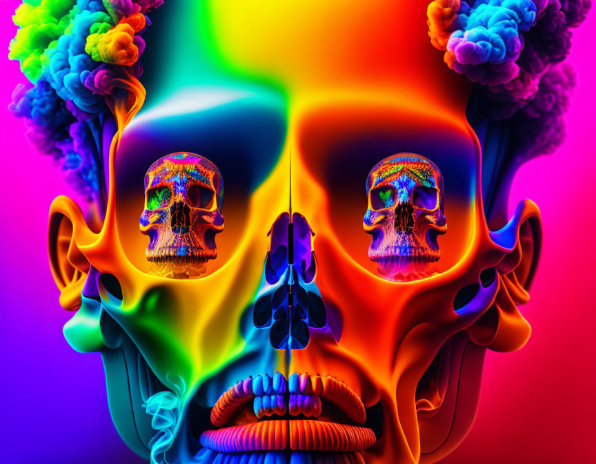 Colorful digital art: human head, two skulls, psychedelic smoke, neon rainbow background