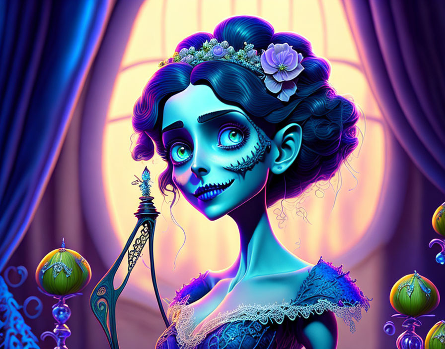 Stylized female character with skeletal features and vibrant blue hair in purple dress against colorful backdrop