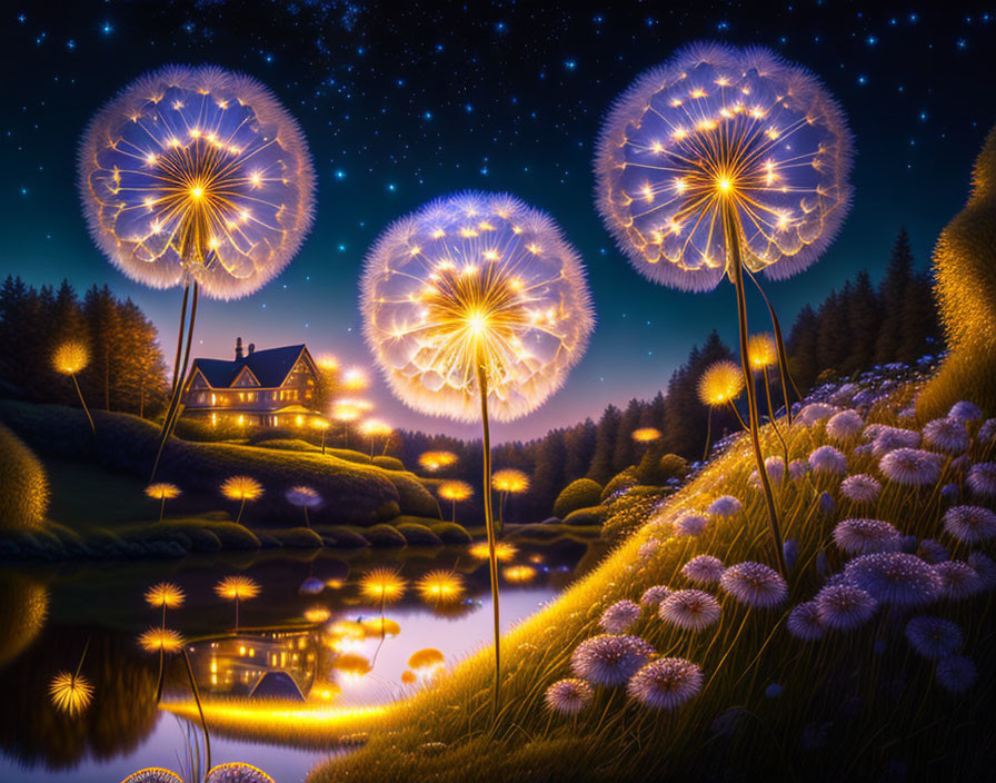 Whimsical night scene with oversized dandelion-like plants and cozy house by pond