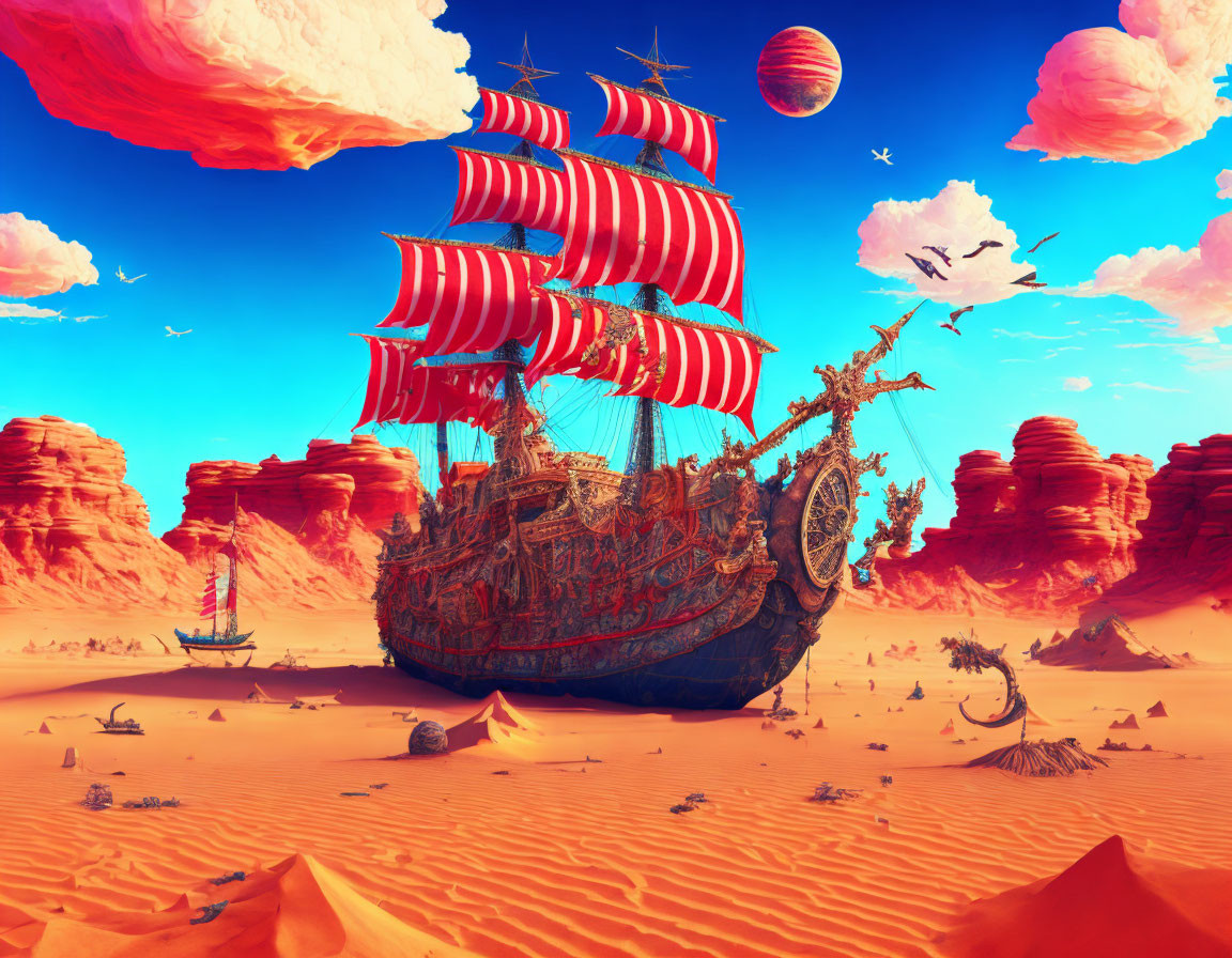 Surreal landscape: ancient ship with red sails in desert under pink sky