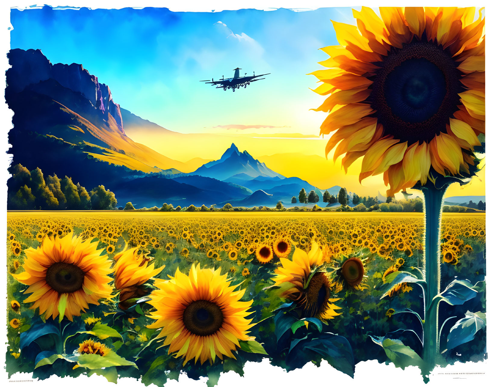 Sunflower field with mountain backdrop and airplane in sunset sky