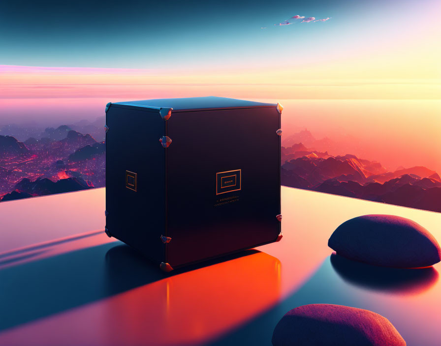 Black luxury box with gold trim on reflective surface against vivid sunset backdrop with mountains and pink clouds