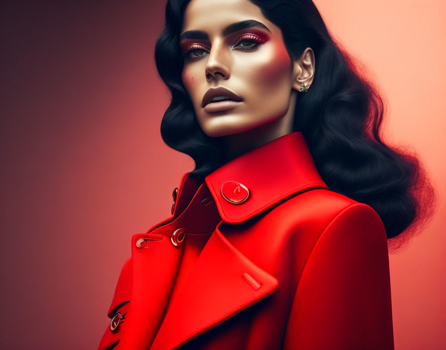 Woman with dramatic makeup and wavy hair in red coat on pink background