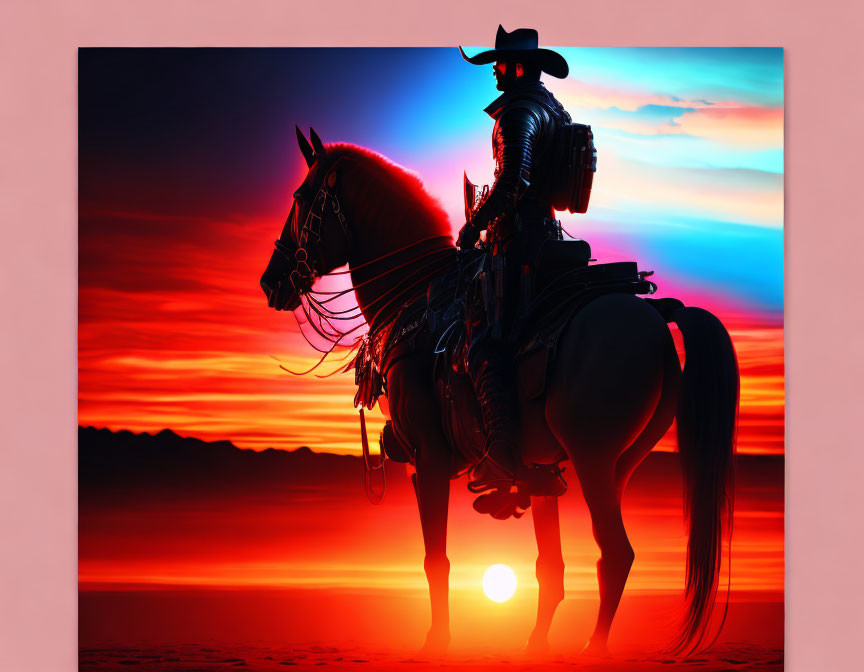 Cowboy on Horseback Silhouetted Against Vibrant Sunset