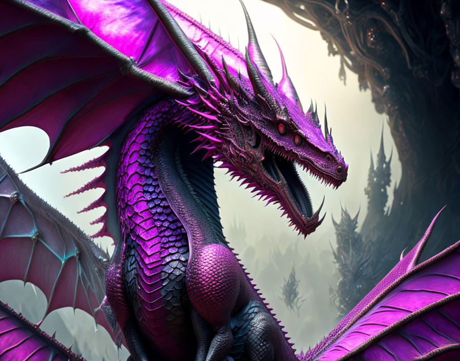 Purple dragon with expansive wings and intricate scales in misty landscape