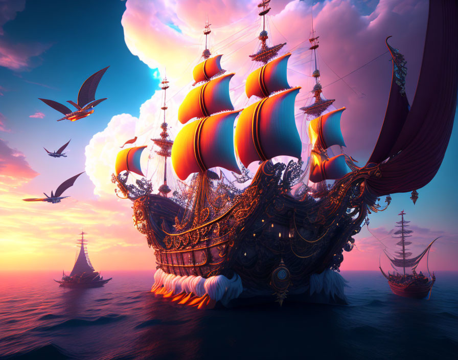 Fantasy ship with vibrant sails on calm sea at sunset