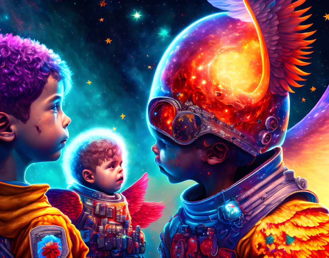 Colorful illustration of children in space-themed attire on starry background