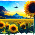 Sunflower field with mountains, sunset sky, and airplanes