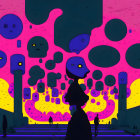 Colorful surreal artwork: Figure admiring celestial orbs in vibrant, psychedelic setting