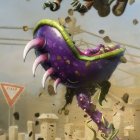 Fantastical dragon-insect hybrid on purple carnivorous plant in mystical setting