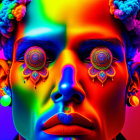 Colorful digital art: human head, two skulls, psychedelic smoke, neon rainbow background