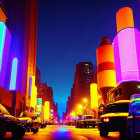 City Street at Night with Blue and Purple Neon Lights and Vintage Cars