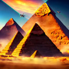 Surreal pyramids in warm light with paper airplane in colorful sky