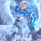 Blue and White Dragon with Glowing Eyes and Horns in Grey Clouds