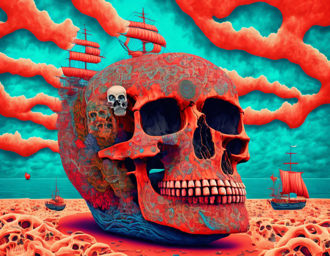 Ornate skull in surreal maritime scene with sailboats