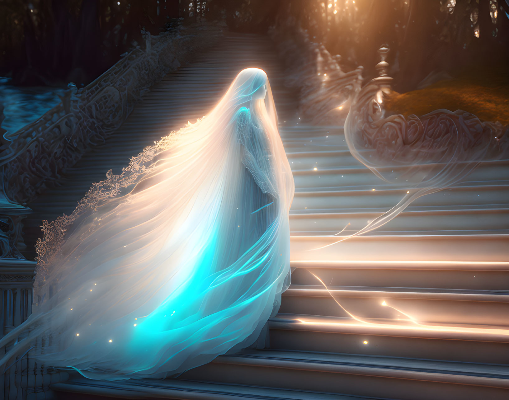 Ethereal figure in luminescent gown on grand staircase in twilight forest