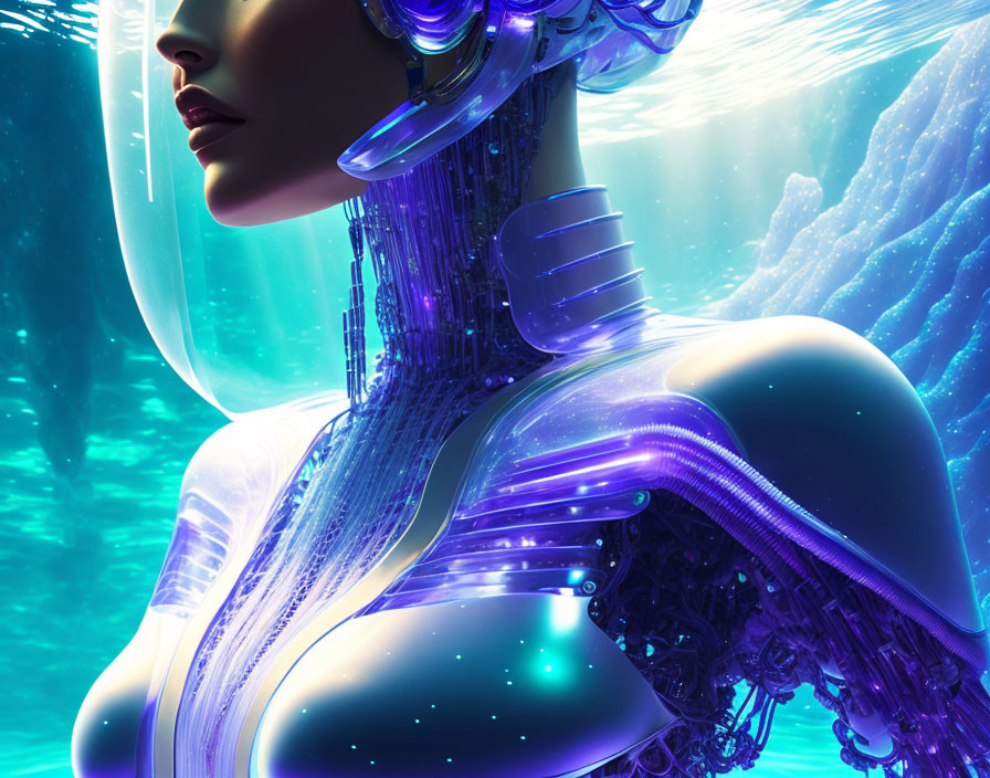 Futuristic female android with luminous neck and shoulder mechanism on neon blue backdrop